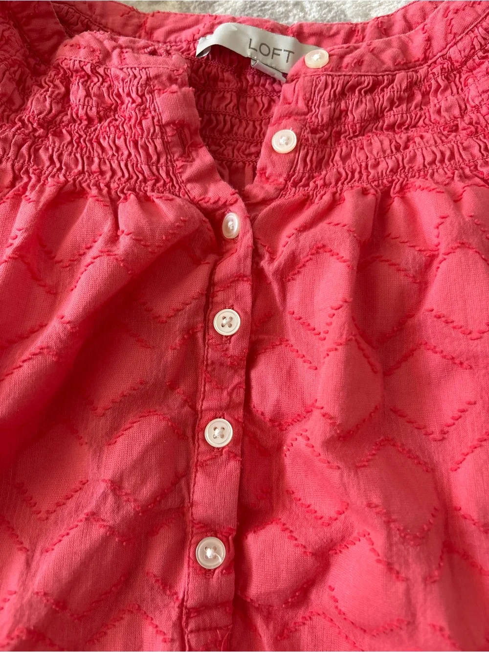 LOFT Coral Smocked Yoke Puff-Sleeve Blouse